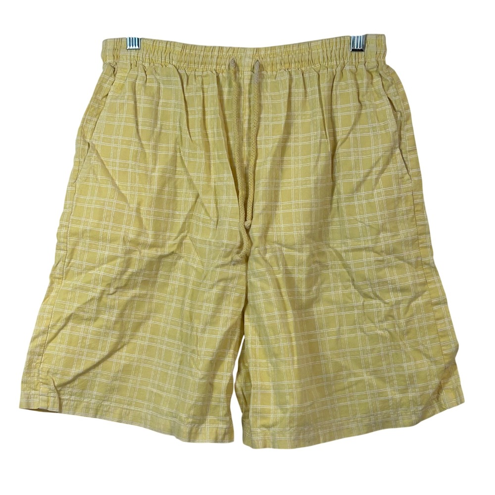 Fresh Produce Yellow Plaid Cotton Shorts Elastic Drawstring Adult L‎ Made in USA